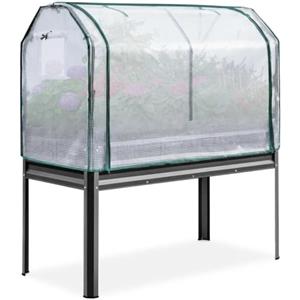 Garvee Con Letto Orto Rialzato Alto in Metallo Verniciato Nero Con Mini Serra in PE e Telo Protettivo, Aiuola Sopraelevata Per Giardino e Balcone, Alta Qualità, Resistente, Facile Da Montare