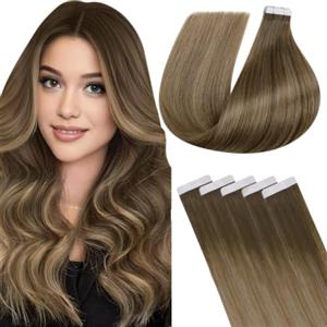Hetto Extension Capelli Veri Biadesivo Praticità Quotidiana 20pz #8/16/8 | Acconciature personalizzate, Castano chiaro con mèches bionde, Volume nelle zone scelte, Lavoro e quotidianità, 30cm 30g