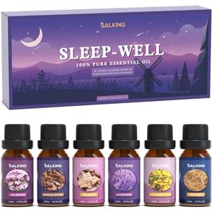 SALKING Oli Essenziali Dormire bene per Diffusori 6x10ml, Set di Olio Essenziale Puri per Aromaterapia e Massaggi - Vetiver, benzoino, valeriana, elicriso, lavanda, legno di sandal