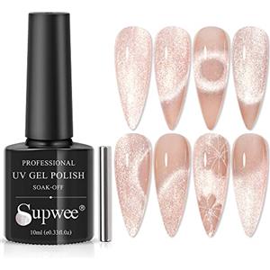 SUPWEE Gel UV Cat Eye con magnete, smalto gel per unghie color champagne | Smalto magnetico glitterato, olografico, effetto occhi di gatto, per nail art, casa, manicure, salone, 10 ml