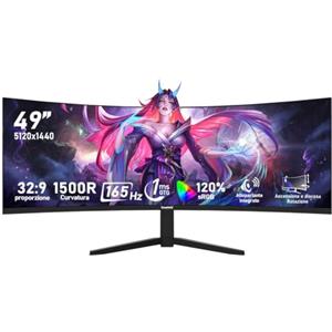 Gawfolk Monitor PC da gioco curvo ultra‑wide DQHD da 49 pollici, 165Hz | 1500R, 32:9 (5120×1440), 1MS, AdaptiveSync, 120% sRGB, altoparlanti integrati, altezza regolabile, HDMI2.1 & DP1.4, Nero