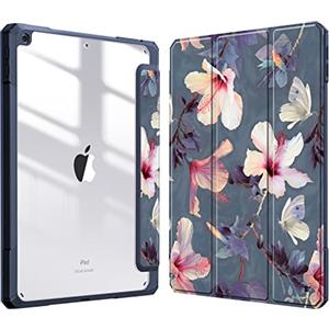 FINTIE Cover per iPad 9a/8a/7a Generazione 10,2 Pollici (2021/2020/2019) | [con Portapenne] Antiurto Sottile Custodia Posteriore Trasparente Case con Auto Sveglia/Sonno, Blooming Hibiscus