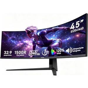 Gawfolk Monitor PC da gioco curvo ultra‑wide DQHD da 45 pollici, 240 Hz | 1500R, 32:9 (5120×1440) , 1MS, AdaptiveSync, 120% sRGB, altoparlanti integrati，Interfacce HDMI2.1 & DP1.4, Nero