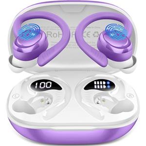 Hupoaf Cuffie Bluetooth 5.4 Sport, Auricolari con Ganci, ENC Mic, Violetta | 28 Modalità EQ, 50 Ore Display LED, Driver 14,2 mm, Cancellazione Rumore, IP7 Impermeabili Cuffiette Running per iOS/Android