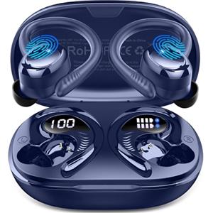 Hupoaf Cuffie Bluetooth 5.4 Sport, Auricolari con Ganci, ENC Mic, Blu scuro | 28 Modalità EQ, 50 Ore Display LED, Driver 14,2 mm, Cancellazione Rumore, IP7 Impermeabili Cuffiette Running per iOS/Android