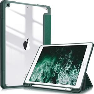 FINTIE Cover per iPad 9a/8a/7a Generazione 10,2 Pollici (2021/2020/2019) | [con Portapenne] Antiurto Sottile Custodia Posteriore Trasparente Case con Auto Sveglia/Sonno, Verde Scuro