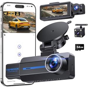 Famgoods Dash Cam Auto Fronte 4K, Retro, Interno, Dashcam Auto 360°, 3.16 "schermo IPS, scheda gratuita 64GB, Dashcam Auto 5GHz WiFi, APP, Visione Notturna Super, Sensore G, Registrazione Loop