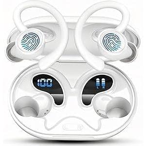 Hupoaf Cuffie Bluetooth 5.4 Sport, Auricolari Wireless con Ganci, Bianco | 4 ENC Mic, 50 Ore Display LED, Driver 13 mm, Cancellazione Rumore, USB-C, IP7 Impermeabili Cuffiette Running per iOS/Android