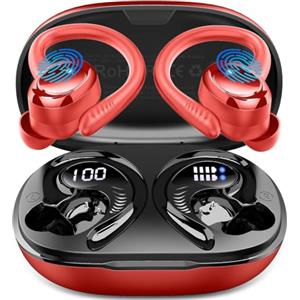 Hupoaf Cuffie Bluetooth 5.4 Sport, Auricolari con Ganci, 4 ENC Mic, Rosso | 28 Modalità EQ, 50 Ore Display LED, Driver 14,2 mm, Cancellazione Rumore, IP7 Impermeabili Cuffiette Running per iOS/Android