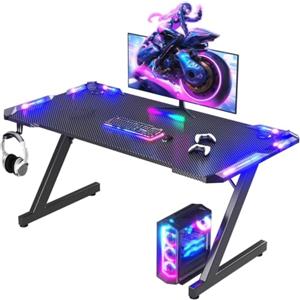 JUMMICO Scrivania Gaming LED 140x60 cm - Tavolo Gaming Ergonomico con Ganci per Cuffie e Piano in Fibra di Carbonio Nero, Scrivania per Computer Illuminazione RGB Regolabile, per Setup Gamer Professionale