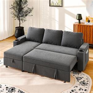 JUMMICO Divano Letto Angolare 3 Posti con Contenitore e Braccioli Multifunzione, Convertibile per Soggiorno,Grigio