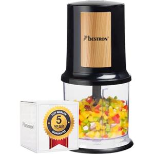 Bestron Tritatutto elettrico, tritatutto universale con due coltelli da taglio e capacità 500 ml, grande pulsante a pulsante, 400 Watt, collezione Black & Wood, colore: nero/legno