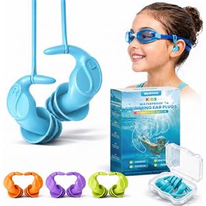 QQJOYCCI Tappi Orecchie Nuoto Bambini 5-14 Anni, 4 Paia Tappi Auricolari Impermeabili in Silicone con Cordino Rimovibile, Compatibili con Occhialini da Nuoto, Riutilizzabili per Piscina e Lezioni di Nuoto