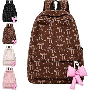 AUNGCSHE Zaino per la Scuola con Decorazione Fiocco Rimovibile, Zaino Ragazza Capiente, Zainetto Donna Kawaii per Studio Lavoro Viaggio (Marrone)