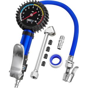 GERCHWAY Manometro Pressione Gomme, Pistola Gonfiaggio Pneumatici - Valvola Schrader | 0-10 bar, precisione ±0,2 bar, Schrader/AV, 3 in 1, tubo prolungato, raccordo ¼ NPT, senza batterie, protezione antiurto