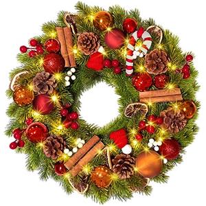 GlobaLink Christmas Garland Ghirlanda Natalizia Grande con Luci Led Christmas Wreath Ghirlanda di Pigne di Natale 40cm, 40 LED, Decorazioni Natalizie per Porte, Finestre, Camini, Pareti, Esterno