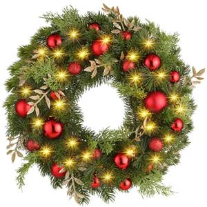 GlobaLink Ghirlanda Natalizia con LED,GlobaLink Ornamento di Ghirlande di Natale con 40 Luci LED e 22 Palline Rosse e Ornamenti di Pino,16inch/40cm Ghirlanda Natale Decorazione per Porta,Camino,Parete,Finestra
