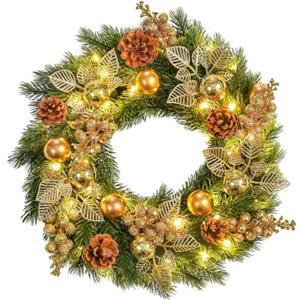 GlobaLink Ghirlanda natalizia, 40 cm, alimentata a batteria, 40 LED, timer | Ghirlande natalizie artificiali, 8 modalità di illuminazione con pigne e bacche, per porta d'ingresso, camino, festival