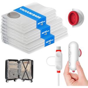 Vacbird Set da 9 Sacchetti Sottovuoto Vestiti con Pompa Elettrica USB | Sacchetti sottovuoto vestiti per viaggi e organizzazione. Include pompa elettrica compatta da 83 g con USB-C e USB-A.