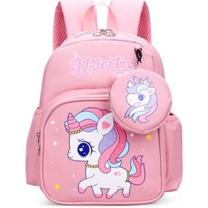 Aucuu Zainetti per Bambini, Zaino Bambina Scuola Elementare, Zainetto per Ragazze Grande Capacità, Leggero Elementare Zaino Multi Scomparto per Viaggi Campeggio, Unicorno rosa chiaro
