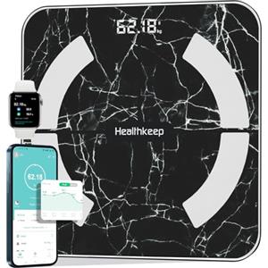Healthkeep Bilancia Pesapersone Healthkeep, Bilancia Impedenziometrica Bluetooth con App Fitdays, 13 Indicatori Corporei, Apple Watch, Android e iOS, Max 180 kg/400 lb/28 st, 28 × 28 cm, Nero Marmorizzato
