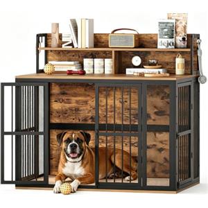 Fobyfurny Gabbia per Cani con Ripiano Portaoggetti, 120 cm, Marrone e Nero | Kennel Cane Interno, in Legno, con Quattro Ante, Utilizzabile come Tavolino, per Cani Grandi, 120 x 75 x 110 cm FPDC053FD1
