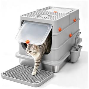 Eosarcu Lettiera Gatto Chiusa, Lettiera Acciaio Inox, 58 x 39 x 37 cm, Grande XL XXL Toilette per Gatti con Pala, Cassette Ogieniche per Gatti