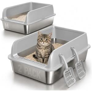 Eosarcu 2 Pezzi Lettiera Gatto Acciaio Inox, 50 x 35 x 20 cm grande lettiera in acciaio inox, con bordo alto, per gatto, pala per gatti