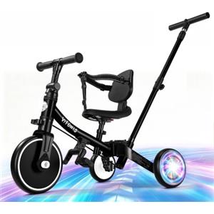 VITONIS Triciclo 5 in 1 per bambini dai 18 mesi ai 3 anni, con ruote lampeggianti, maniglione di spinta, schienale e cintura di sicurezza, regalo per bambini e bambine, bicicletta senza pedali, nero