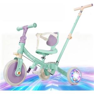 VITONIS Triciclo 5 in 1 per bambini dai 18 mesi ai 3 anni, con ruote lampeggianti, maniglione di spinta, schienale e cintura di sicurezza, regalo per bambini e bambine, bicicletta senza pedali, verde