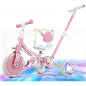VITONIS Triciclo 5 in 1 per bambini dai 18 mesi ai 3 anni, con ruote lampeggianti, maniglione di spinta, schienale e cintura di sicurezza, regalo per bambini e bambine, bicicletta senza pedali, rosa