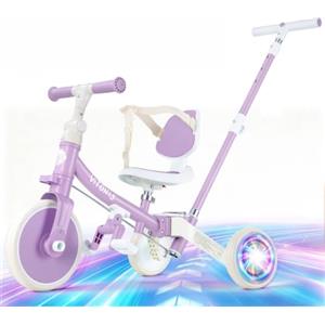 VITONIS Triciclo 5 in 1 per bambini dai 18 mesi ai 3 anni, con ruote lampeggianti, maniglione di spinta, schienale e cintura di sicurezza, regalo per bambini e bambine, bicicletta senza pedali, viola