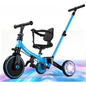 VITONIS Triciclo 5 in 1 per bambini dai 18 mesi ai 3 anni, con ruote lampeggianti, maniglione di spinta, schienale e cintura di sicurezza, regalo per bambini e bambine, bicicletta senza pedali, blu