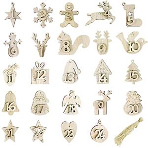 Andiker Calendario dell'Avvento con numeri in legno, 1-24 Ciondolo in Legno di Natale con corda per Decorare Albero Regalo di Compleanno Natale Fai da Te