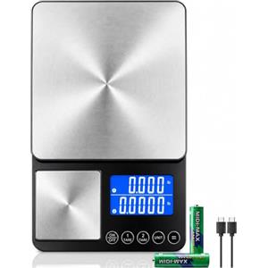 izeyu Bilancia Da Cucina A Doppio Piatto, 15kg, Ricaricabile USB-C | Piatto piccolo con incrementi di 0,01g, tara separata, somma dei pesi e display LCD retroilluminato per cucina e pasticceria