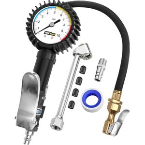 GERCHWAY Manometro Pressione Pneumatici 0-10 Bar, Pistola Gonfiaggio Auto | Strumento 3 in 1, precisione ±2%, tubo 50 cm, attacco 360°, raccordo EU, senza batterie, quadrante luminoso, valvole Schrader