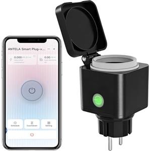 ANTELA Presa Smart WiFi per Esterni con Monitoraggio Energetico IP54 | Type F, 16A, 3680W, Compatibile con Alexa e Google Home, Telecomando, Timer, 2,4 Ghz Wifi, 1Pz
