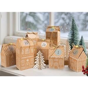 RUBY Calendario dell'Avvento da Riempire - 24 casette pan di zenzero fai-da-te con luci LED, corda di juta, adesivi numerati - DIY & Riutilizzabile per la famiglia