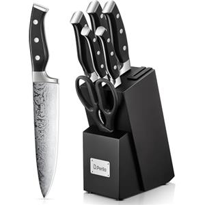 D.Perlla Set Coltelli da Cucina Professionale, Ceppo Coltelli in Acciaio 7 Pezzi, Ceppo Autoaffilante, Blocco Coltello in Legno, Nero