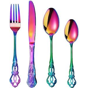 SHEUMNT Set Posate 24 Pezzi Stile Retro Arcobaleno - Elegante Servizio per 6 Persone, Posate in Acciaio Inox con Finitura Antica Barocca, Set Completo con Forchette, Cucchiai e Coltelli