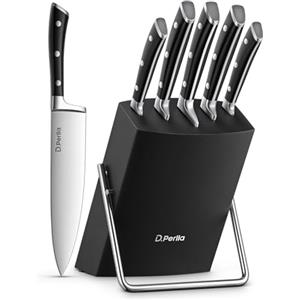 D.Perlla 6 Pezzi Set di Coltelli da Cucina, Set Coltelli Tedesco X50Cr15 in Acciaio Inossidabile, Ceppo Coltelli Professionali con Blocco in Legno, Coltelli per Frutta e Verdura-Nero