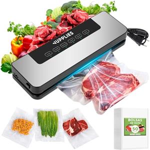 JUPPLIES Macchina Sottovuoto Alimenti Automatica 5 in 1 - 80 Kpa | Sigillatrice Sottovuoto 30cm | Modalità Secco e Umido | Taglia-Sacchetti Integrato (Macchina Sottovuoto Alimenti + 50 Sacchetti)