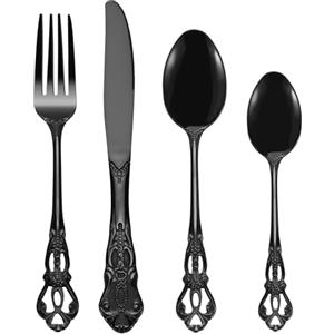 SHEUMNT Set Posate 24 Pezzi Stile Retro Nero - Elegante Servizio per 6 Persone, Posate in Acciaio Inox con Finitura Antica Barocca, Set Completo con Forchette, Cucchiai e Coltelli