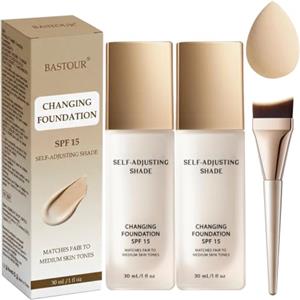 BASTOUR Fondotinta Adattivo Pelli Mature Over 50 | Changing Foundation SPF 15 con Spazzola trucco e Spugnette Trucco