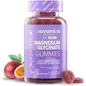 Novomins Magnesio Glicinato Gommose | 1050 mg | 60 Gommose | Novomins | Complesso di Magnesio Glicinato e Citrato, Ashwagandha, Glicina, Vitamina B12 | Gommose Vegane e Senza Glutine