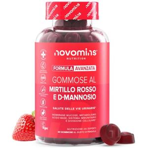 Novomins Mirtillo Rosso e D-Mannosio | Salute Vie Urinarie | 60 Gommose | Novomins | Controllo Vescica | Vegano | Alternativa a Compresse o al Succo di Mirtillo Rosso | Polvere di D-Mannosio, Inulina, Magnesio