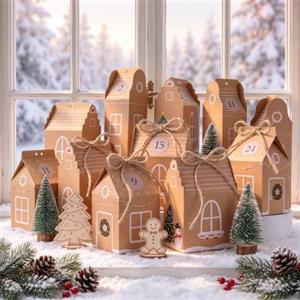ARTREE Calendario dell'Avvento da riempire, 24 case natalizie riutilizzabili, set con numeri adesivi e corda di iuta, scatole regalo per bambini fai da te