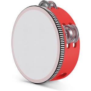 Flexzion Tamburello tenuto in legno a doppia fila, 8 paia di jingles (rosso) - Strumento musicale a percussione con campana in metallo