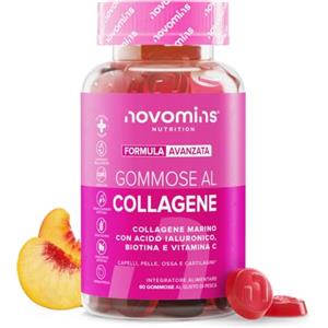 Novomins Collagene Gommose | Senza Zucchero | Acido Ialuronico Vitamina C | Novomins | Integratori Collagene per Donne e Uomini | Alternativa a Polvere di Collagene | Collagene Marino con Biotina | 60 Gommose