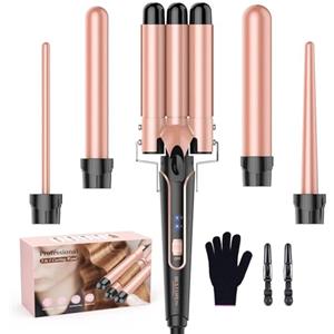 BESTOPE PRO Ferro arricciacapelli 3 fusti di ferro ondulato 5 in 1 - Set di 3 botte per onde grandi, regolazione della temperatura, riscaldamento rapido e guanto, 2 clip, oro rosa